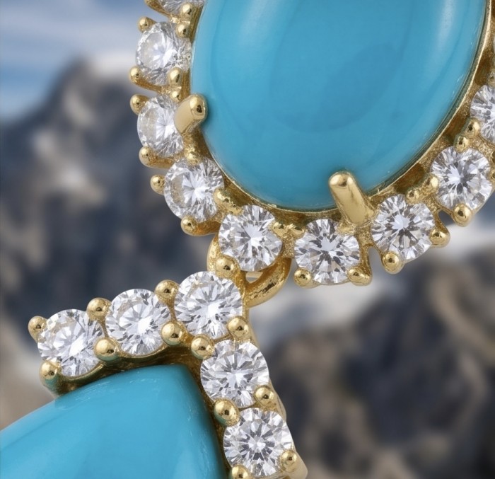 Blue Dreamland - Luxurious stabilized Turquoise 18K Gold over .925 Sterling Silver handmade Statement earrings - Close-up of blue turquoise and diamonds in gold setting