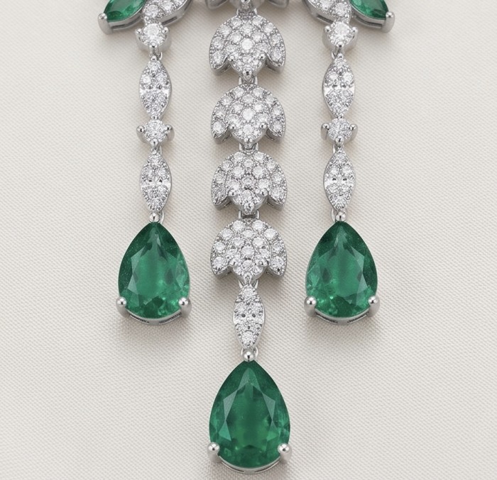 Precious 7.8 carat natural Colombian Emerald rhodium over .925 Sterling Silver Statement Necklace - Close-up of Colombian emerald and diamond pendant in rhodium setting