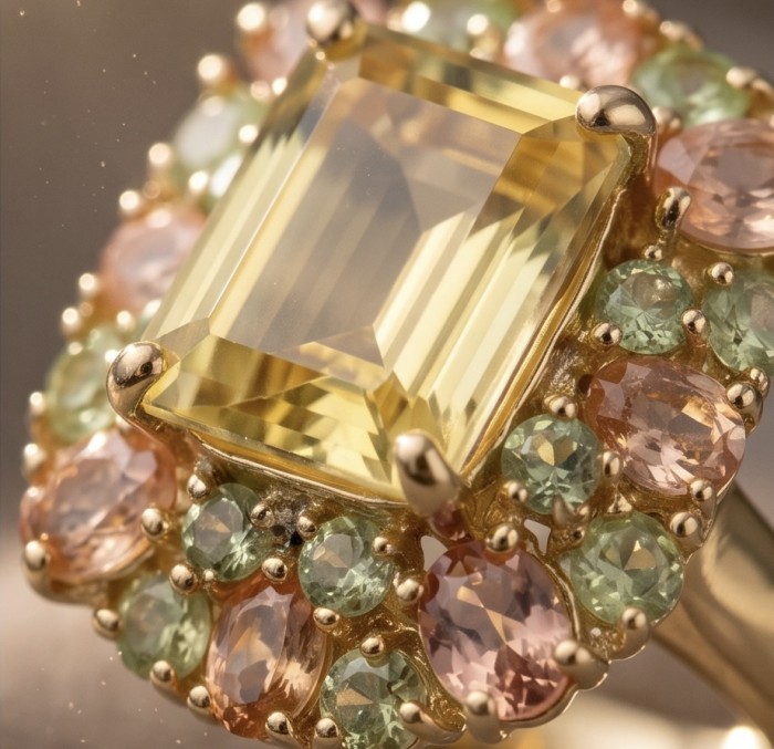 Victoria Authentic 8.5 carat Brazilian Citrine .925 Sterling Silver brilliantly dipped in 18k Gold handcrafted Statement ring; s. 8 - Close-up of Victoria Authentic ring with Brazilian citrine and gemstones.