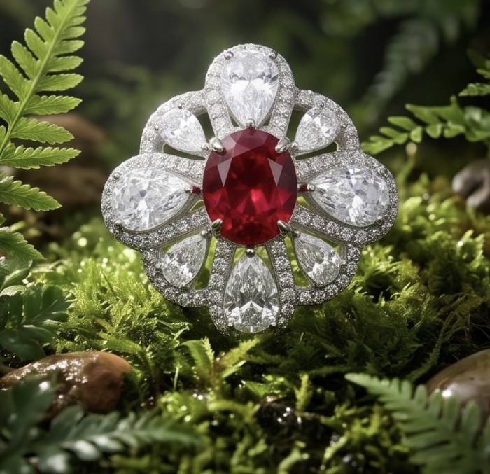 Exquisite 8.5 ctw Mozambique Ruby .925 Sterling Silver handcrafted Statement Ring size 7 - Close-up of ornate ruby and diamond sterling silver ring on moss background