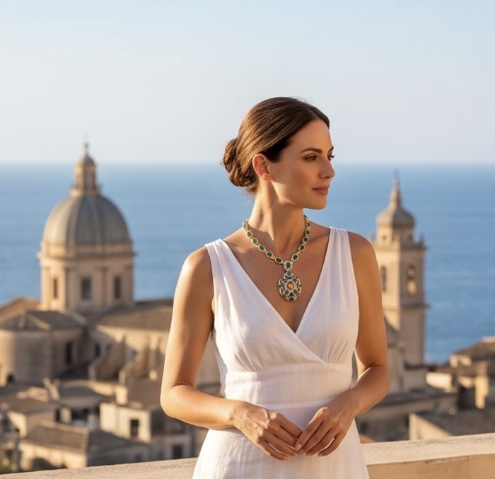 Art Deco - Pacifica - 29.4 carat Citrine Chrome Diopside .925 Sterling Silver handmade Statement necklace; 16 inches long - Woman wearing Art Deco Pacifica necklace in scenic seaside setting