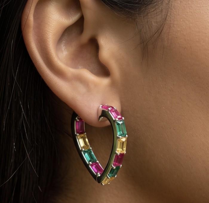 Luxurious 6.9 carat authentic Multigem .925 Sterling Silver dipped in Rhodium Handcrafted Statement Earrings - Close-up of colorful multigem hoop earring worn on ear.