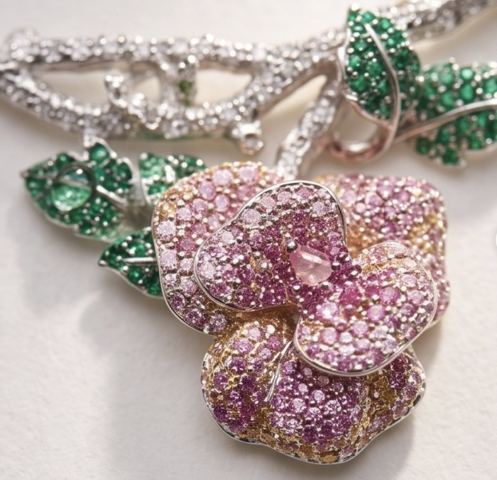 Enchanted Rose 5.5 carat pave Pink Sapphire rhodium over .925 Sterling Silver handcrafted necklace - Close-up of Enchanted Rose jewelry with pink sapphires and green leaves.