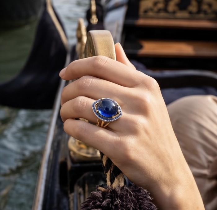Iconic design - Natural 16.5 carat Sapphire 22K GOLD over .925 Sterling Silver handcrafted ring size 7 1/2 - Sapphire ring on hand showcasing the 16.5 carat stone in close-up.