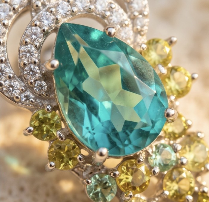 Real Treasure 9.5 carat Aquamarine rhodium over .925 Sterling Silver Handcrafted Earrings - Close-up of aquamarine and yellow gemstones in ornate setting