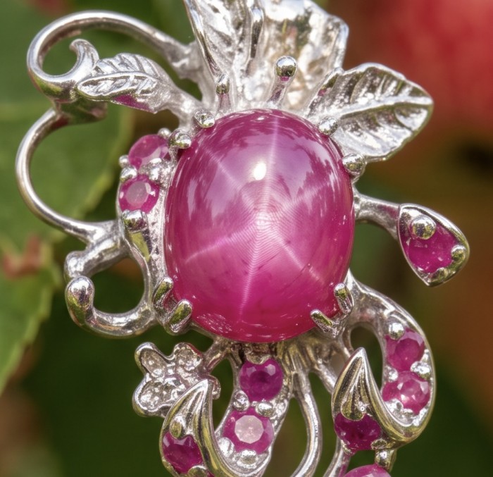 Emily 4.5 carat Ruby rhodium over .925 Sterling Silver handcrafted Pendant - Close-up of Emily 4.5 carat ruby in silver floral setting.