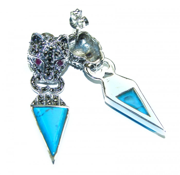 Spectacular Blue Panthers inlay Turquoise .925 Sterling Silver handcrafted Earrings - photo 1