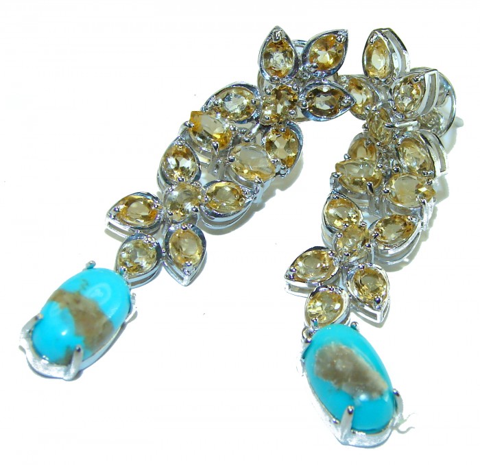 Luxurious Genuine Turquoise 12.5 Carat Citrine .925 Sterling Silver handcrafted Earrings - photo 3