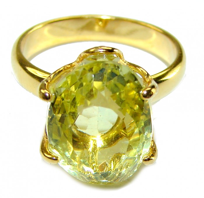 9.8 carat Genuine Lemon Quartz 14K Gold over .925 Sterling Silver handcrafted ring size 7 - Close-up of 9.8 carat lemon quartz ring in 14K gold over sterling silver.