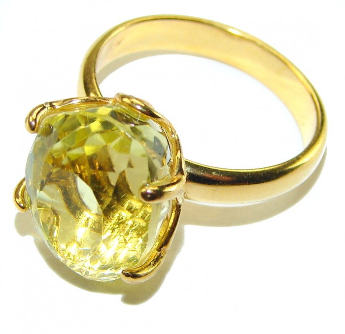 9.8 carat Genuine Lemon Quartz 14K Gold over .925 Sterling Silver handcrafted ring size 7 - Lemon quartz gold ring, top view close-up.