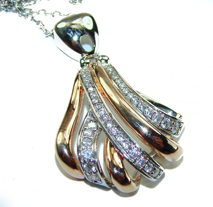 Dazzling Beauty - White Topaz 2 tones .925 Sterling Silver handcrafted necklace - Pendant close-up showing two-tone design with white topaz stones.