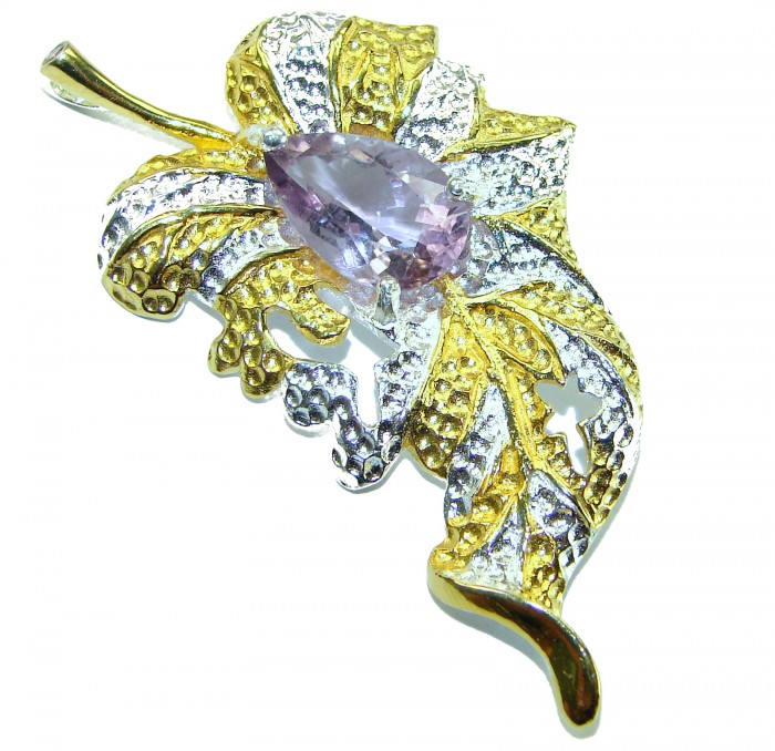 Precous Leaf Genuine Amethst 18K Gold over .925 Sterling Silver handcrafted Statement pendant - Leaf-shaped amethyst pendant in gold and silver, top view.