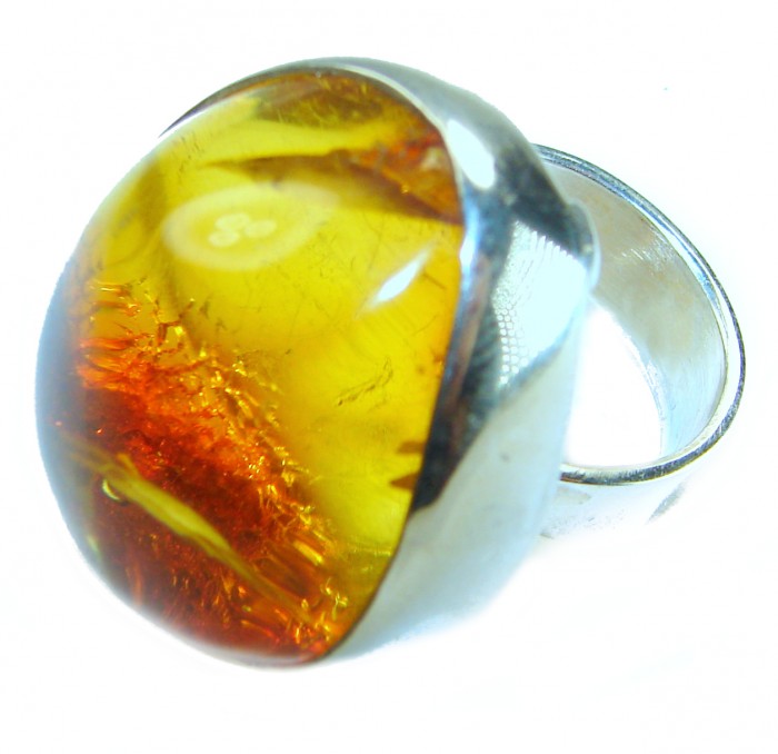Large the best quality Natural Baltic Amber .925 Sterling Silver handcrafted ring; s. 7 adjustable - Close-up of natural Baltic amber ring set in .925 sterling silver