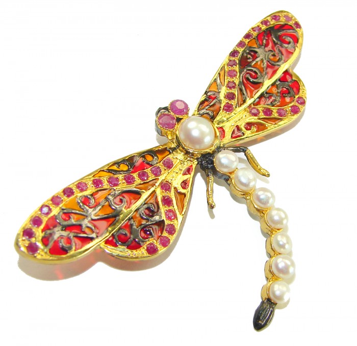 Big Dragonfly Pearl Enamel 18K Gold over .925 Sterling Silver handcrafted Pendant Brooch - Dragonfly brooch front view, pearl and enamel detail, 18K gold over silver.