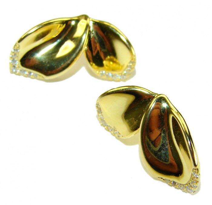 Lotus flower White Topaz highly polished 18K Gold over .925 Sterling Silver Italy made Earrings - Gold lotus flower earrings with white topaz, top view.