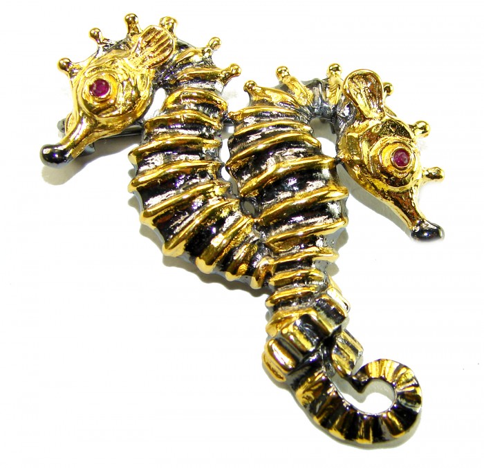 Two Seahorses Excellent 0.5 carat Ruby 14K Gold over .925 Sterling Silver handcrafted Pendant Brooch - Side view of seahorse brooch with rubies and gold detailing