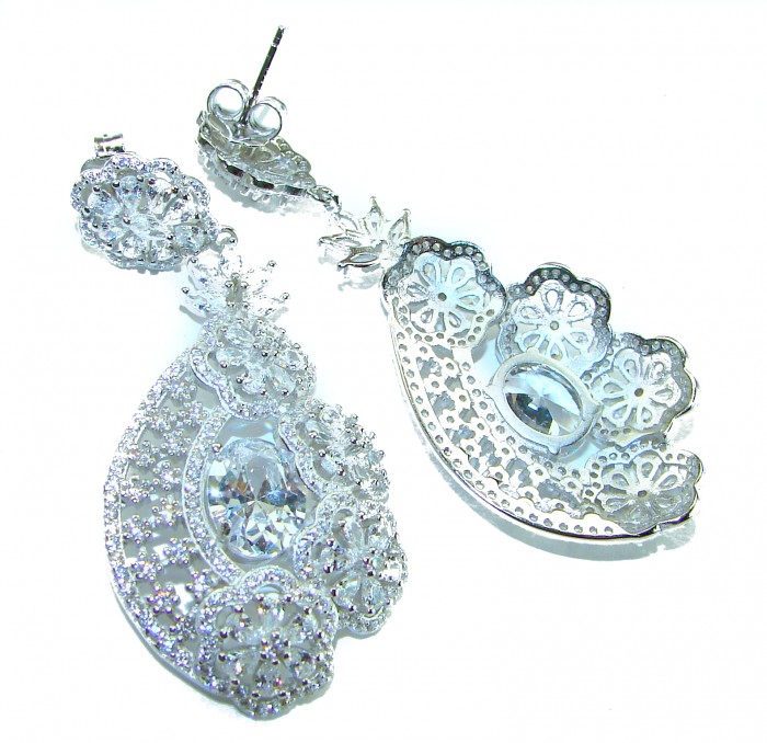Special design! Opera - Precious - 31.8 carat White Sapphire .925 Sterling Silver handcrafted Statement earrings - Intricate silver earrings with white sapphires, detailed close-up view.