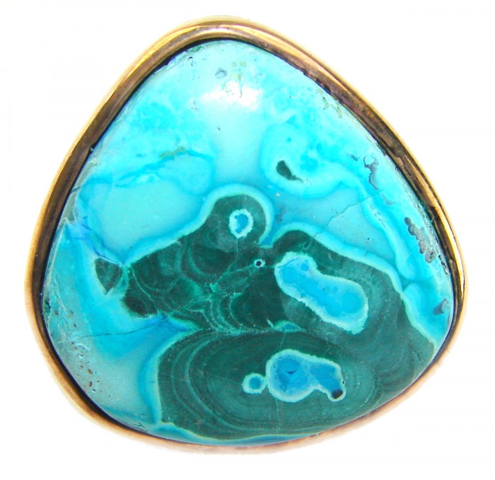 Authentic Parrot's Wing Chrysocolla 18K Gold over .925 Sterling Silver handcrafted ring size 8 adjustable - Parrot's Wing Chrysocolla stone close-up in 18K gold setting.