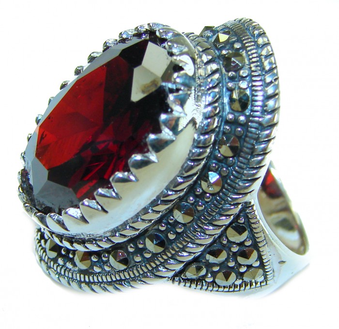 Crimson Fire Natural 29.4 carat Garnet Marcasite .925 Sterling Silver handmade Large Statement Ring size 7 - Close-up of a garnet and marcasite sterling silver ring.