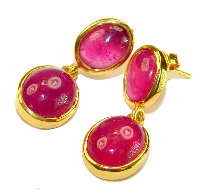 Countless Blessings Genuine 9.5 carat Authentic Mozambique Ruby 18K Gold over .925 Sterling Silver handcrafted earrings - Close-up of gold earrings with pink stones, front view.