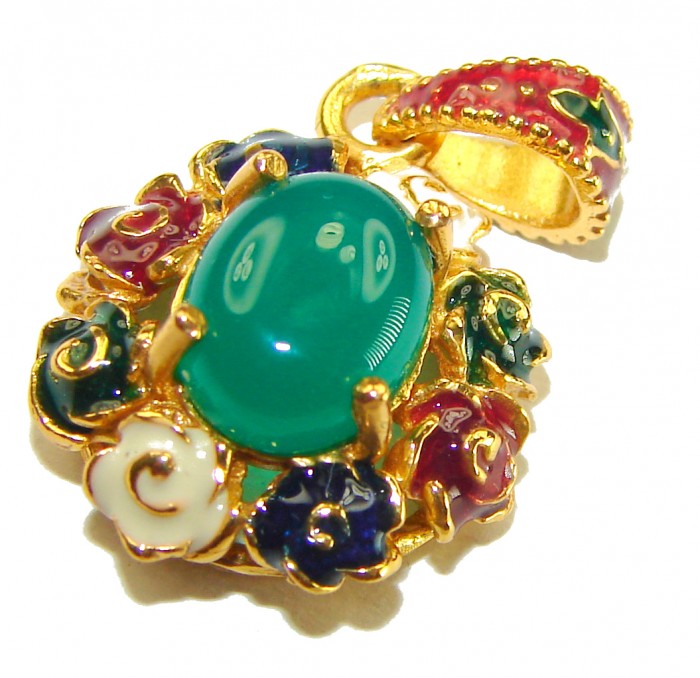 INCREDIBLE 3.2 carat Natural Jade Enamel 18K Gold over .925 Sterling Silver Pendant - Close-up of jade stone with floral enamel detail in gold setting.