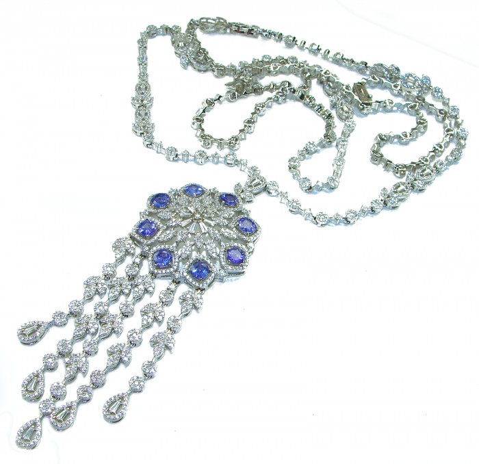 Elizabeth 32 inches Natural luxurious Floral design 55.5 carat Tanzanite .925 Silver handcrafted Necklace - Floral design necklace with blue stones, full view, detailed chains and tassels.