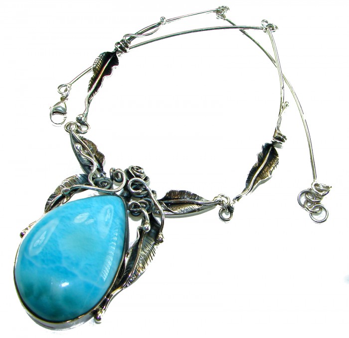 Glorious Nature Best quality authentic 47.5 carat Larimar . 925 Sterling Silver handmade necklace - Necklace with 47.5 carat Larimar stone, silver leaf accents, full view.