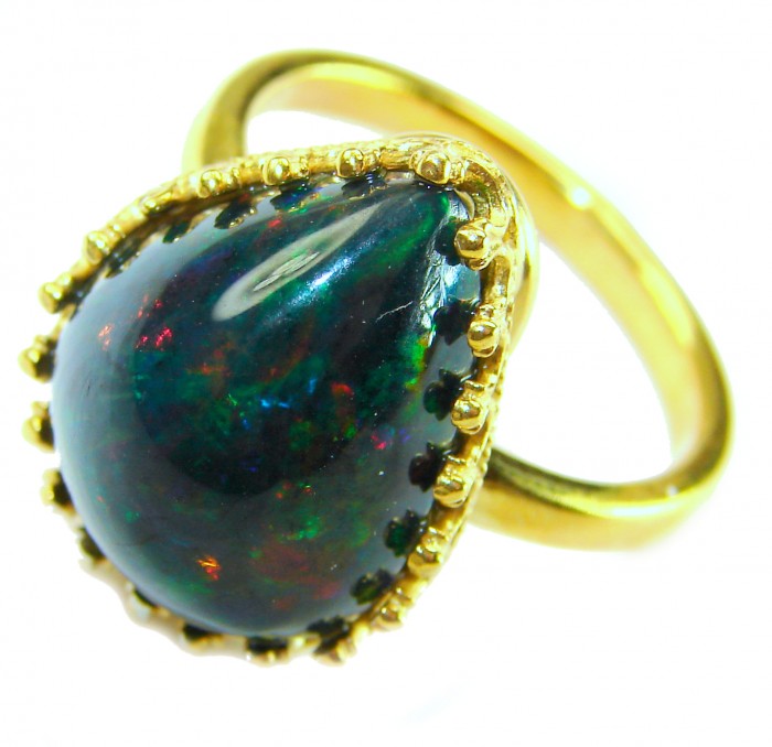 A COSMIC POWER Genuine 30.2 carat Black Opal 18K Gold over .925 Sterling Silver handmade Ring size 8 1/2 - Close-up of 30.2 carat black opal ring in 18K gold setting.