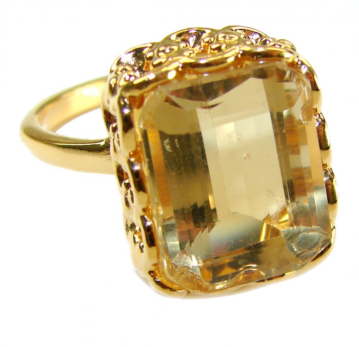 20.8 carat Genuine Lemon Quartz 14K Gold over .925 Sterling Silver handcrafted ring size 9 1/4 - Close-up of 20.8 carat lemon quartz ring in 14K gold over sterling silver.