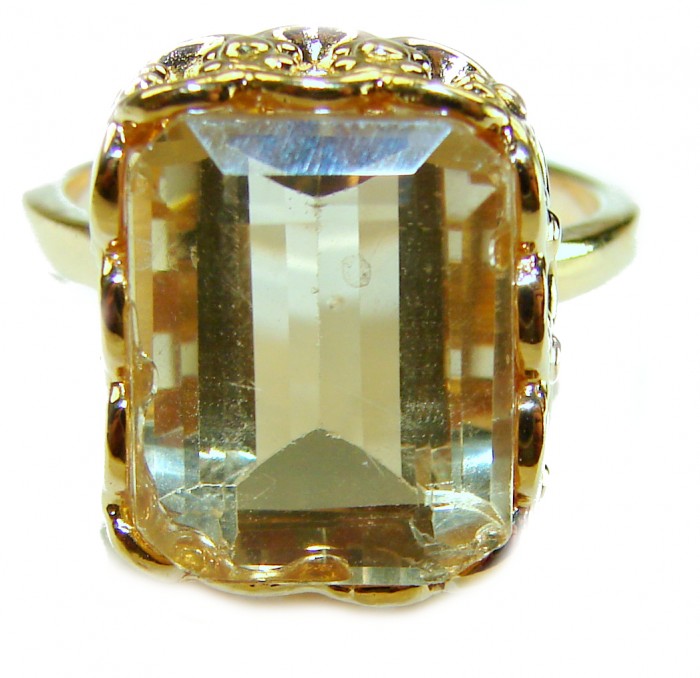 20.8 carat Genuine Lemon Quartz 14K Gold over .925 Sterling Silver handcrafted ring size 9 1/4 - Close-up of 20.8 carat lemon quartz ring in 14K gold over sterling silver.