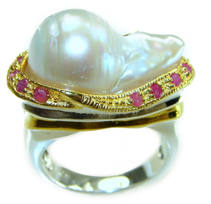 Huge Authentic rare Mother of Pearl Ruby 18K Gold over .925 Sterling Silver handcrafted ring; s. 7 - Side view of Mother of Pearl and Ruby ring with 18K gold accents.