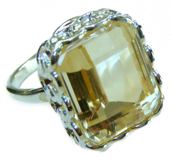 Solid 22.8 carat Genuine Lemon Quartz .925 Sterling Silver handcrafted ring size 8 - Close-up of lemon quartz ring in sterling silver setting.