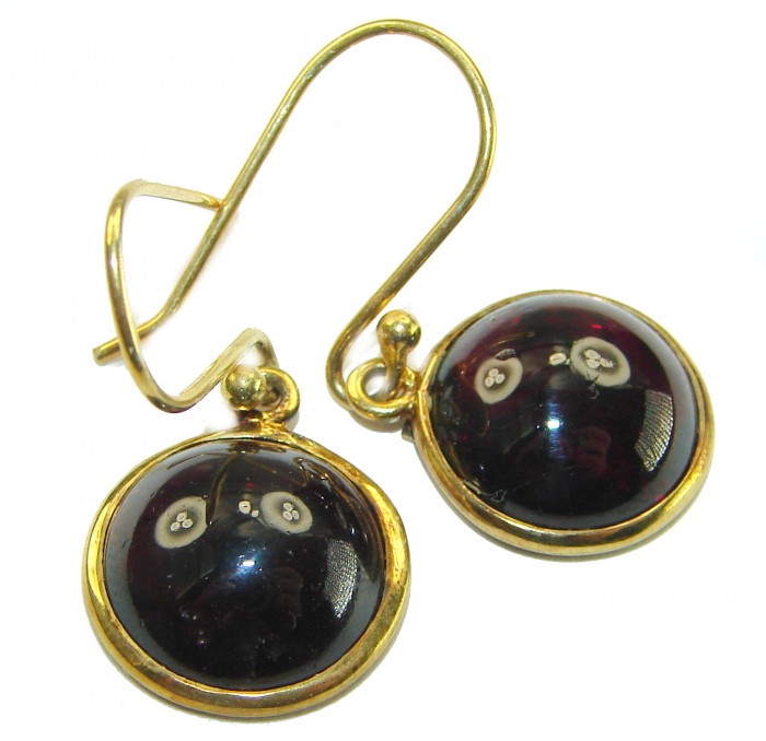 Elizabeth Authentic 8.2 carat Garnet 14K Gold over .925 Sterling Silver brilliantly handcrafted earrings - Close-up of Elizabeth Authentic garnet earrings with gold hooks.