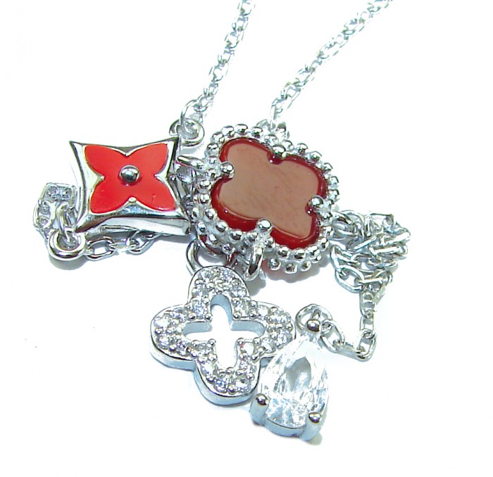 Outstanding 20 inches long Carnelian Lucky Four Leaf Clover .925 Sterling Silver necklace - Carnelian four-leaf clover charms close-up on chain