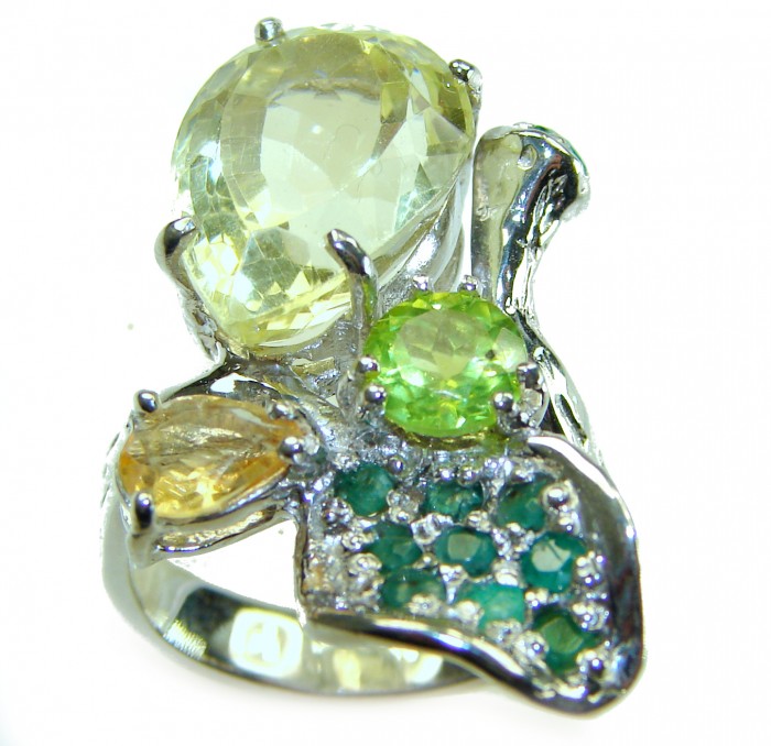 Exotic Flower 22.8 carat Genuine Lemon Quartz .925 Sterling Silver handcrafted ring size 7 - Close-up of Exotic Flower ring with lemon quartz and sterling silver.