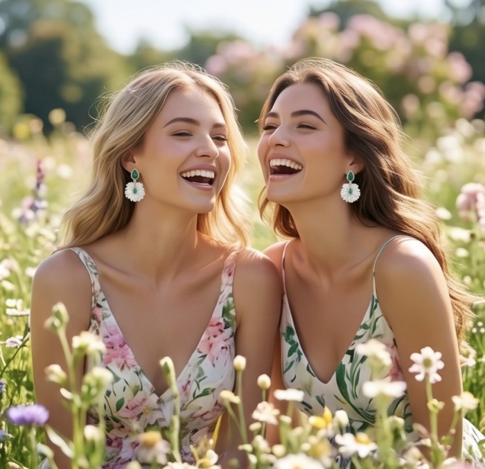 Summer Flowers Blister Pearl Blue Topaz 14K Gold over .925 Sterling Silver handcrafted Earrings - Two women wearing floral dresses and Summer Flowers earrings in a field.