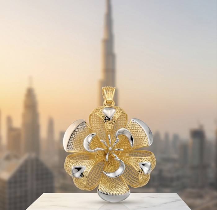 Dubai Style - Golden Rose .925 Sterling Silver dipped in 22K Gold handmade Pendant - Golden rose pendant, front view, Dubai skyline in background.