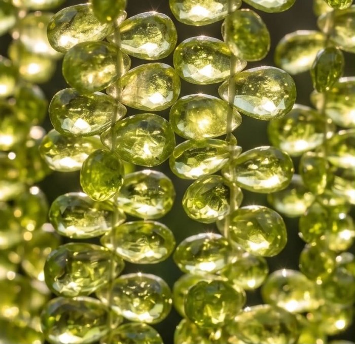Melissa - Great Masterpiece 55.7 carat genuine Brazilian Peridot .925 Sterling Silver handmade Statement necklace - Close-up of Melissa gemstone strands, 55.7 carat genuine Brazilian Peridot