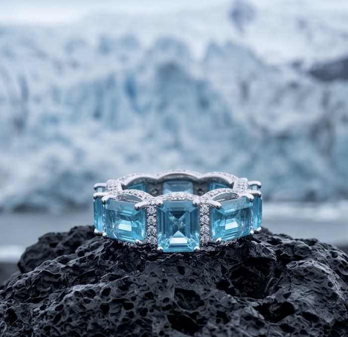 Angel's Wish 22.8 carat Aquamarine .925 Sterling Silver handcrafted infinity ring size 6 - Aquamarine ring close-up on black rock, icy background