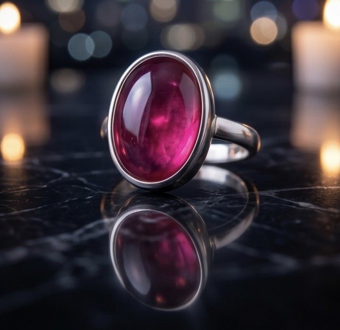 Bella Rosa Genuine 10.5 CARAT Star Ruby rhodium over .925 Sterling Silver Large Statement Ring size 10 - Close-up of Bella Rosa 10.5 Carat Star Ruby ring on black surface