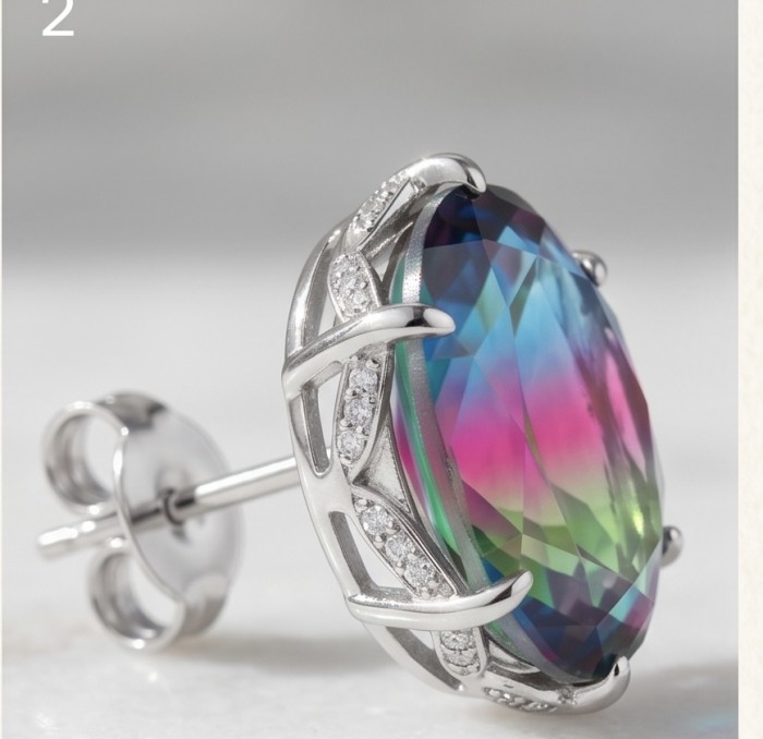 Luxurious authentic 11.2 carat Brazilian Tourmaline .925 Sterling Silver handcrafted earrings - Side view of luxurious 11.2 carat Brazilian Tourmaline .925 earring