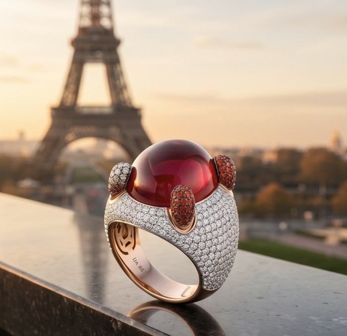 Abstract Beauty 24.6 ctw Red Topaz 6.2 carat pave Ruby .925 Sterling Silver dipped in 22K Rose Gold handcrafted Statement Ring size 7 - Side view of Art Deco ring with red topaz and ruby setting, Eiffel Tower behind.