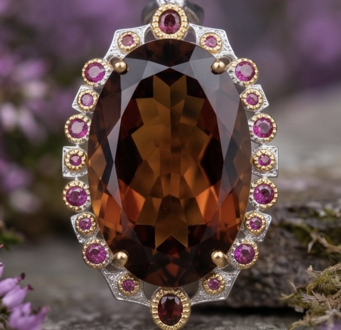 Scarlett Authentic 28.5 carat Smoky Topaz rhodium over 2 tones .925 Sterling Silver handmade Statement Pendant - Close-up of Scarlett 28.5 carat Smoky Topaz with ruby accents.
