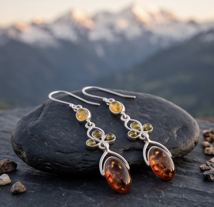 Natural Baltic Amber .925 Sterling Silver handmade earrings - Natural Baltic Amber earrings on a stone, mountain background.