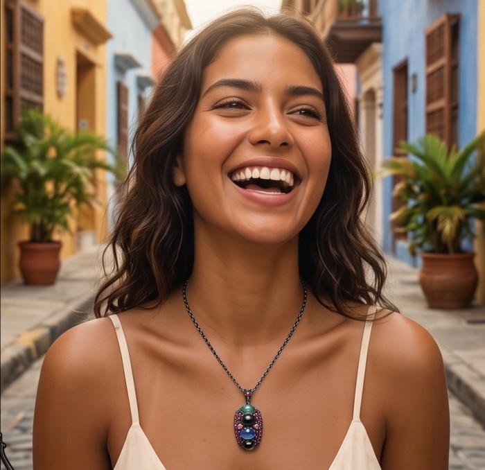 Stella 16.5 carat Brazilian Watermalon Tourmaline black rhodium over .925 Sterling Silver handmade Pendant - Woman wearing Stella 16.5 carat Brazilian Watermelon Tourmaline necklace