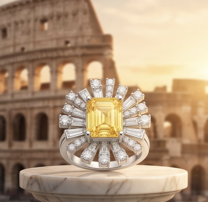 Wearable Art 6.8 carat Genuine Yellow Sapphire .925 Sterling Silver handcrafted ring size 6 1/4 - Close-up of wearable art yellow sapphire ring with diamond accents