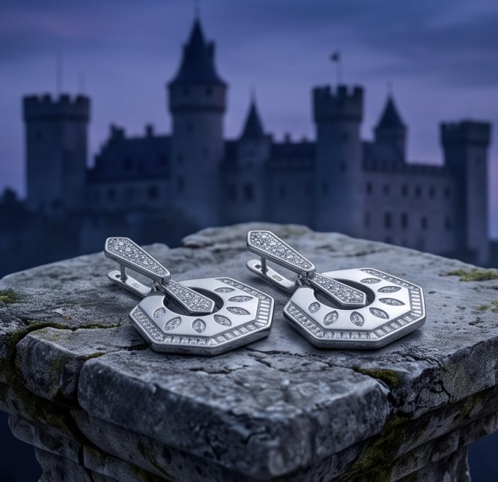 Modern design Natural 0.5 carat White Topaz .925 Sterling Silver handcrafted earrings - Side view of modern white topaz earrings on stone ledge, castle backdrop.