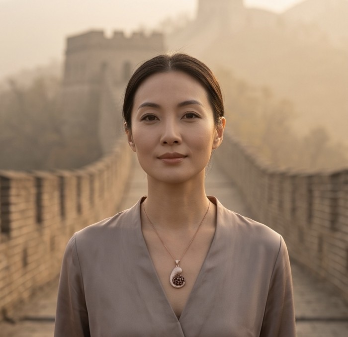 Born to Glam 5.2 carat natural Sapphire 18K Gold over .925 Sterling Silver Perfectly handcrafted Pendant - Woman wearing Born to Glam Sapphire necklace at the Great Wall.