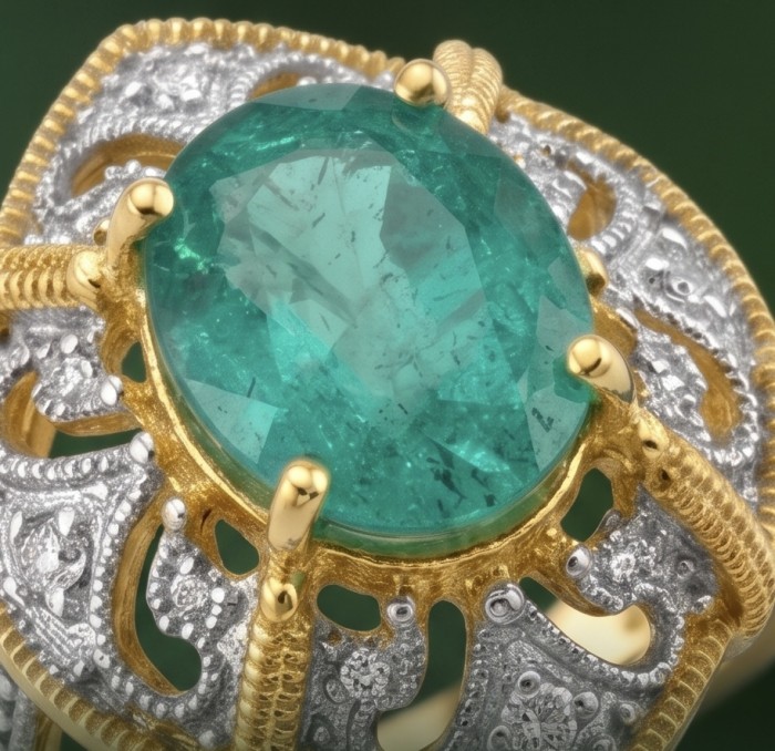 Victorian Style Beauty - Authentic 7.4 carat COLOMBIAN EMERALD .925 Sterling Silver dipped in 18K Gold handcrafted Statement Ring size 7 - Emerald stone close-up with intricate gold and silver detailing.