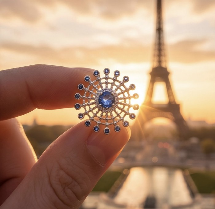 Blue Star 2.5 carat Sapphire .925 Sterling Silver handmade Statement ring size 6 - Close-up of Blue Star sapphire with Eiffel Tower in the background